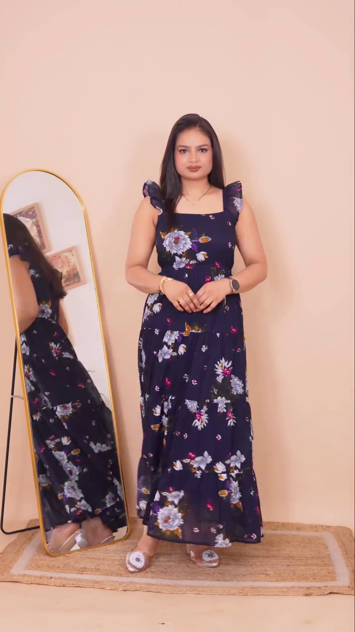 White & Turquoise Floral Printed Tiered Maxi Gown with Puff Sleeves – Elegant, Flowing, and Feminine