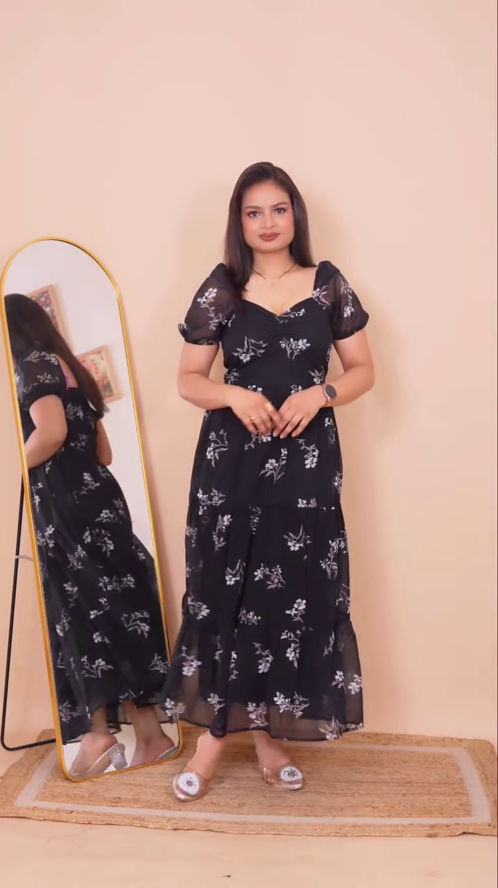 White & Turquoise Floral Printed Tiered Maxi Gown with Puff Sleeves – Elegant, Flowing, and Feminine