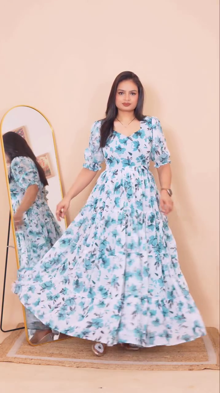 White & Turquoise Floral Printed Tiered Maxi Gown with Puff Sleeves – Elegant, Flowing, and Feminine