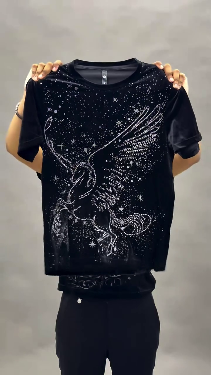 Men’s Black Short-Sleeve Crew Neck T-Shirt with Glittering Pegasus Graphic – Bold & Eye-Catching Streetwear