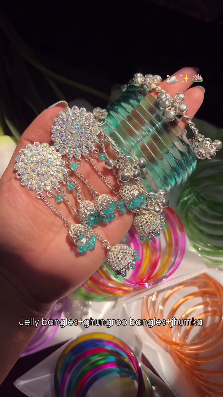💚 Trendy Jelly Bangles Set with Ghungroo Bangles & Statement Jhumkas