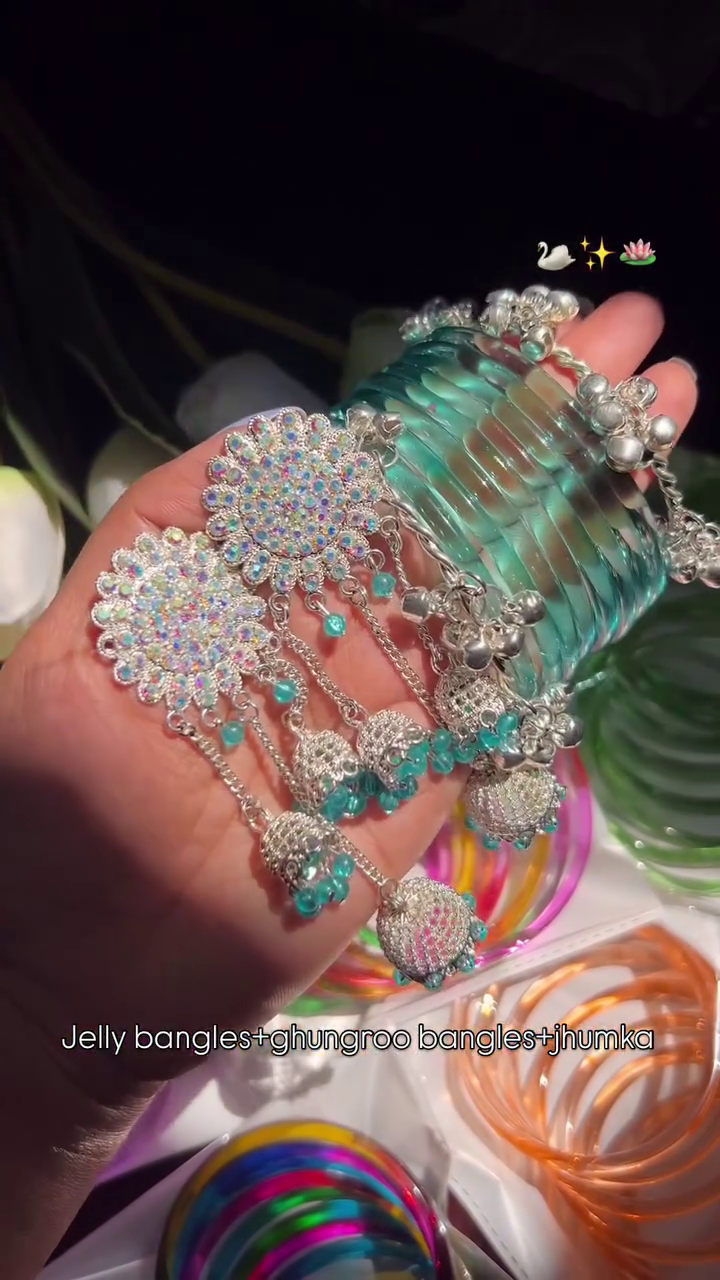 💚 Trendy Jelly Bangles Set with Ghungroo Bangles & Statement Jhumkas