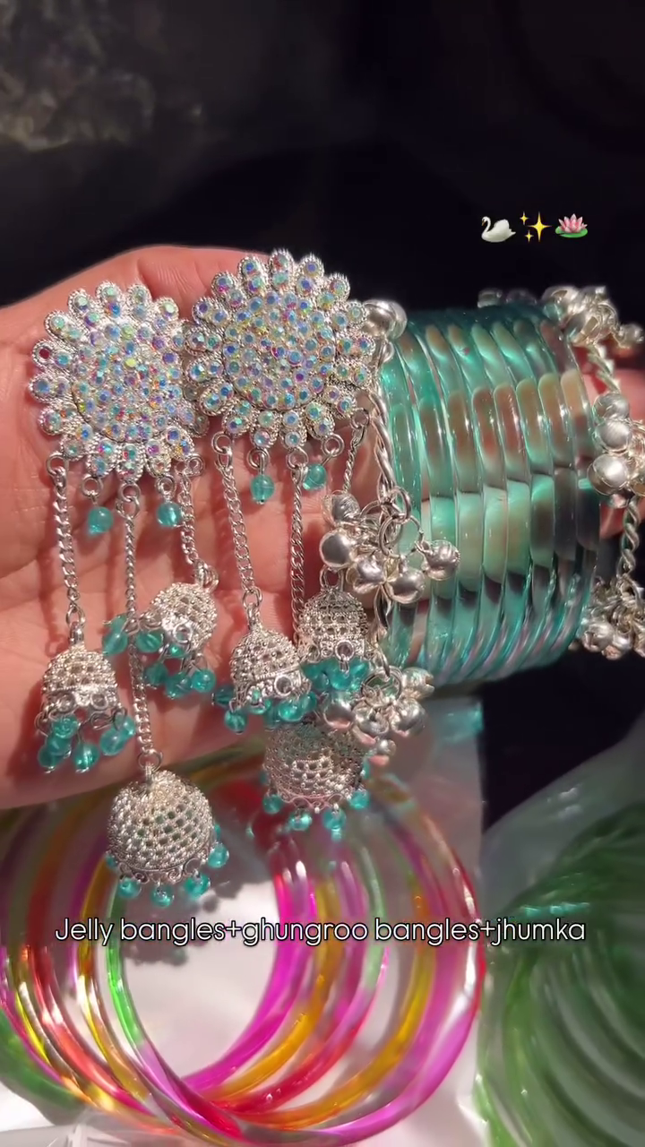 💚 Trendy Jelly Bangles Set with Ghungroo Bangles & Statement Jhumkas