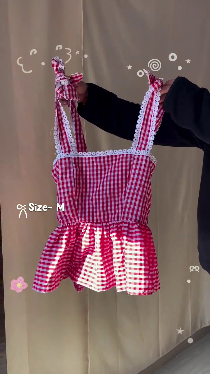 **❤️ Cute Red Gingham Peplum Top with Lace Straps – Size M**