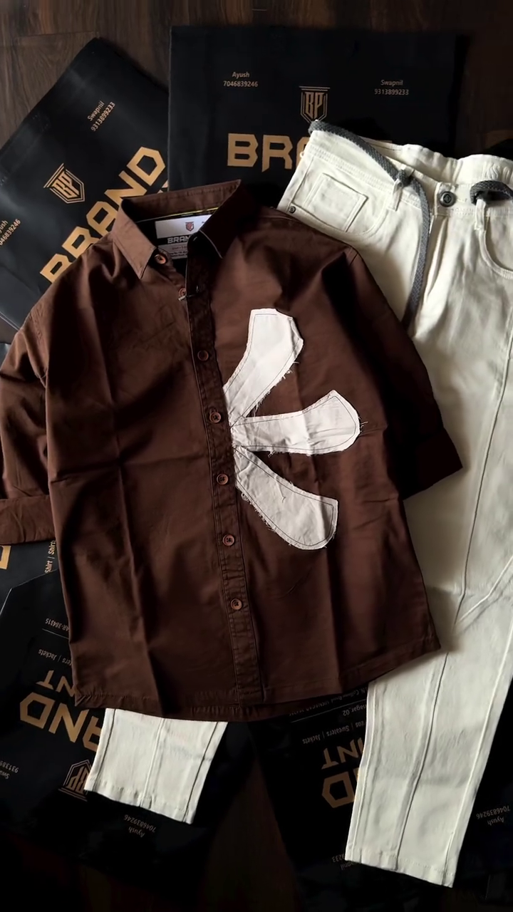 🤎 Premium White Shirt with Statement Patch & Brown Pants Set – Bold Minimal Style