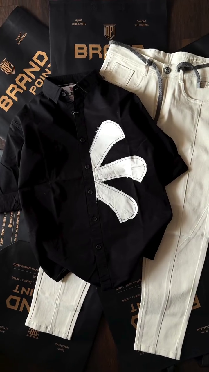 🤎 Premium White Shirt with Statement Patch & Brown Pants Set – Bold Minimal Style