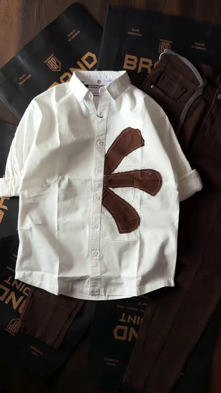 🤎 Premium White Shirt with Statement Patch & Brown Pants Set – Bold Minimal Style