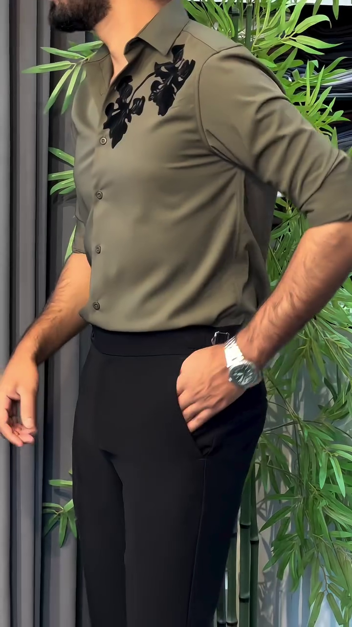🤎 Premium Olive Shirt with Black Formal Trousers – Sleek & Sophisticated Style