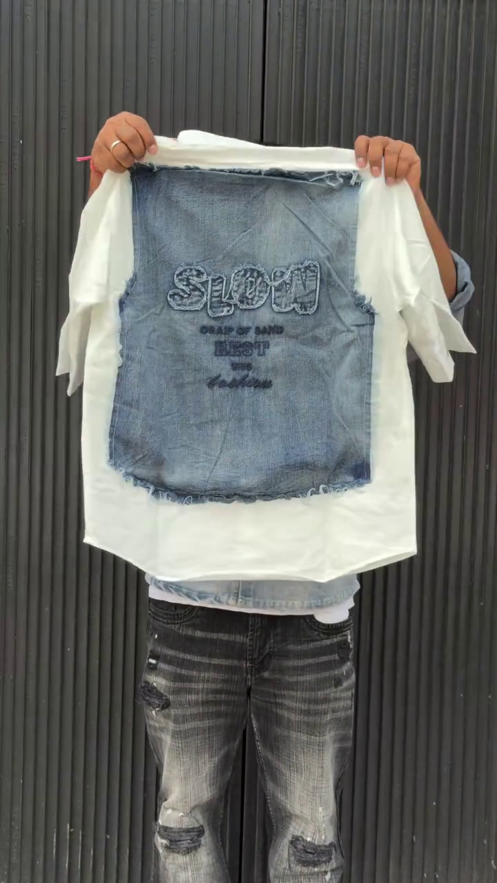 👕 Trendy White Shirt with Denim Patch Panel – Urban Street Style Essential