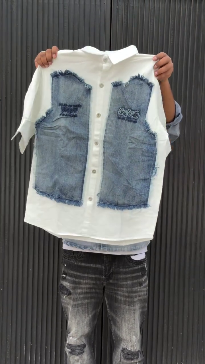 👕 Trendy White Shirt with Denim Patch Panel – Urban Street Style Essential