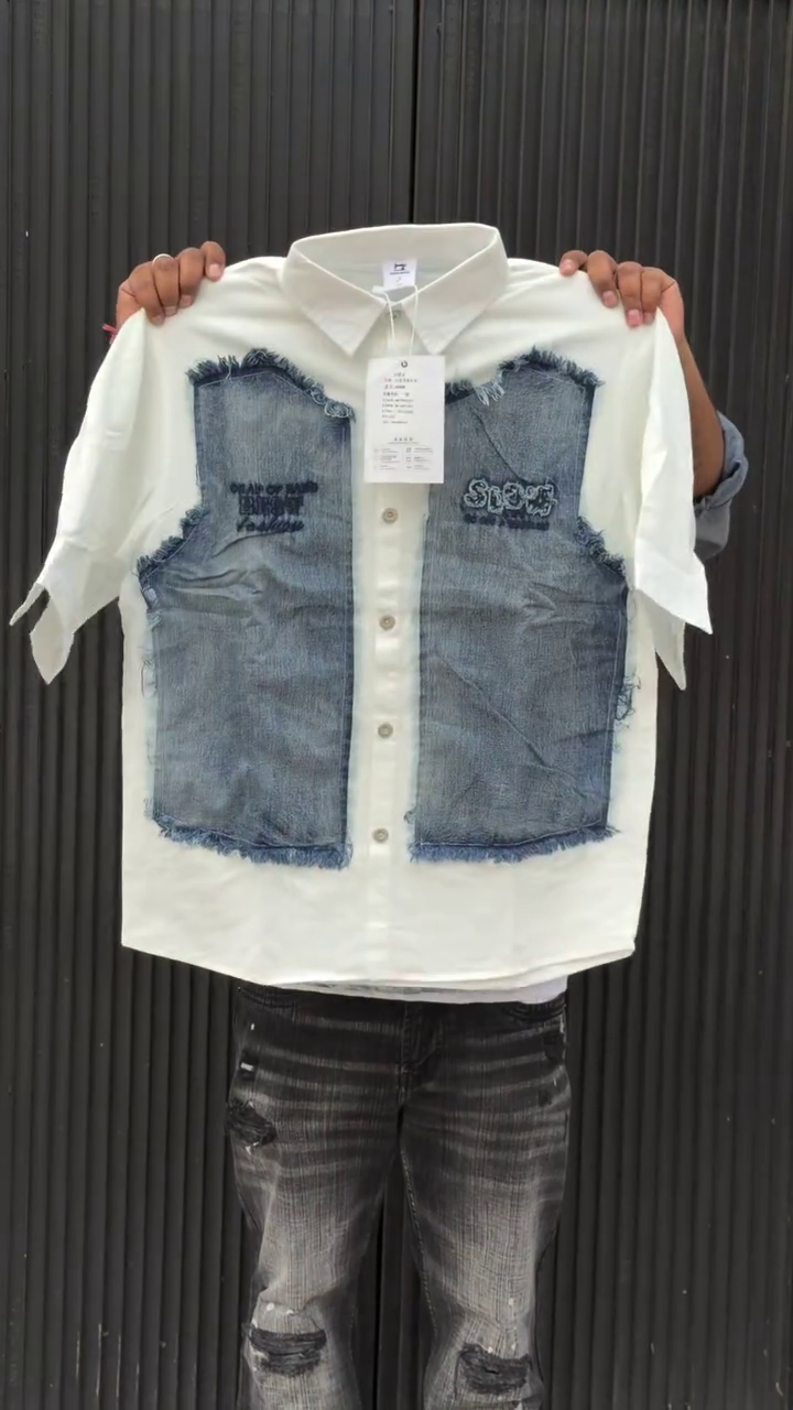 👕 Trendy White Shirt with Denim Patch Panel – Urban Street Style Essential