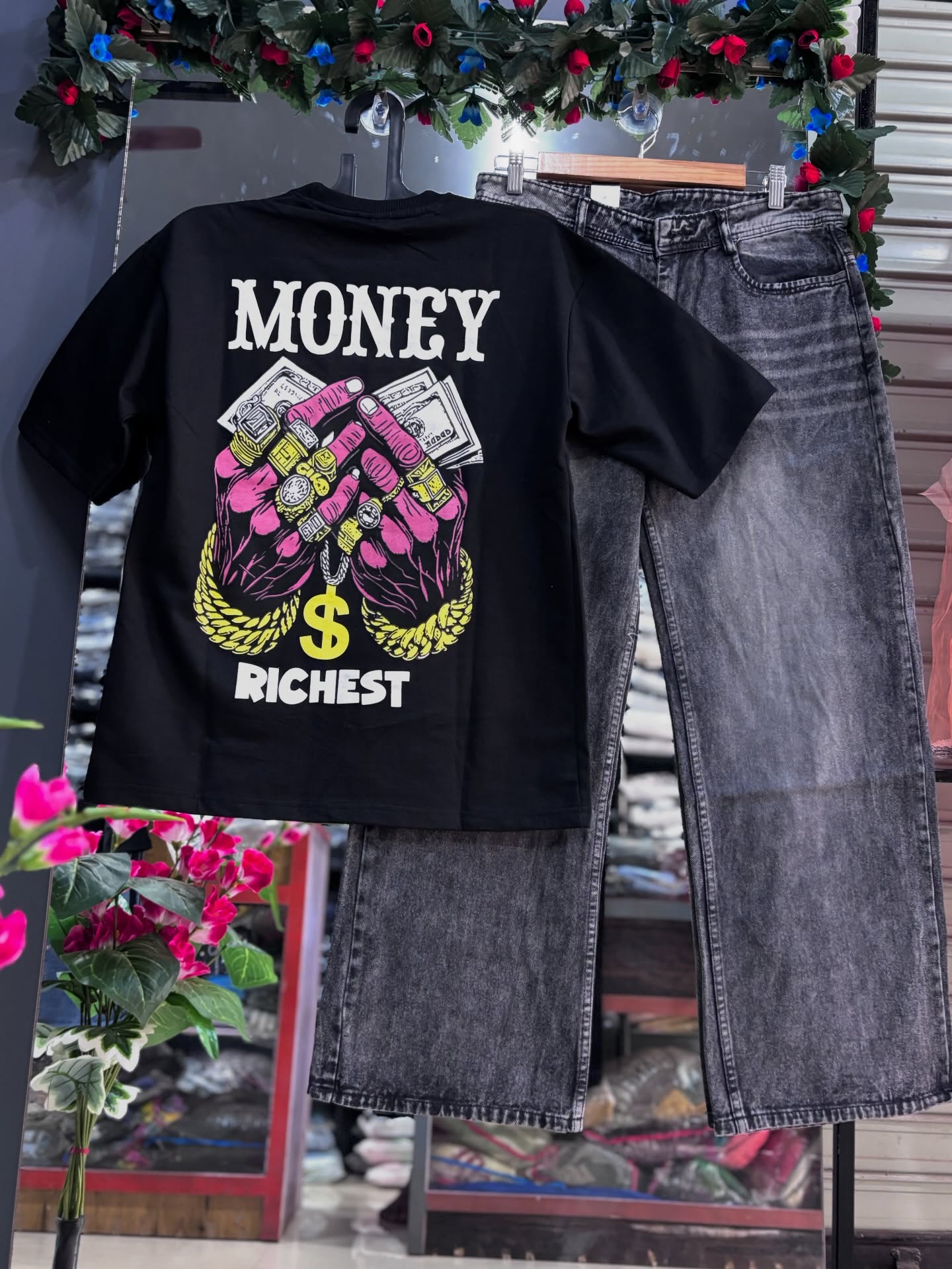 🖤 Graphic Printed T-Shirt with Grey Denim Jeans – Cool Streetwear Combo