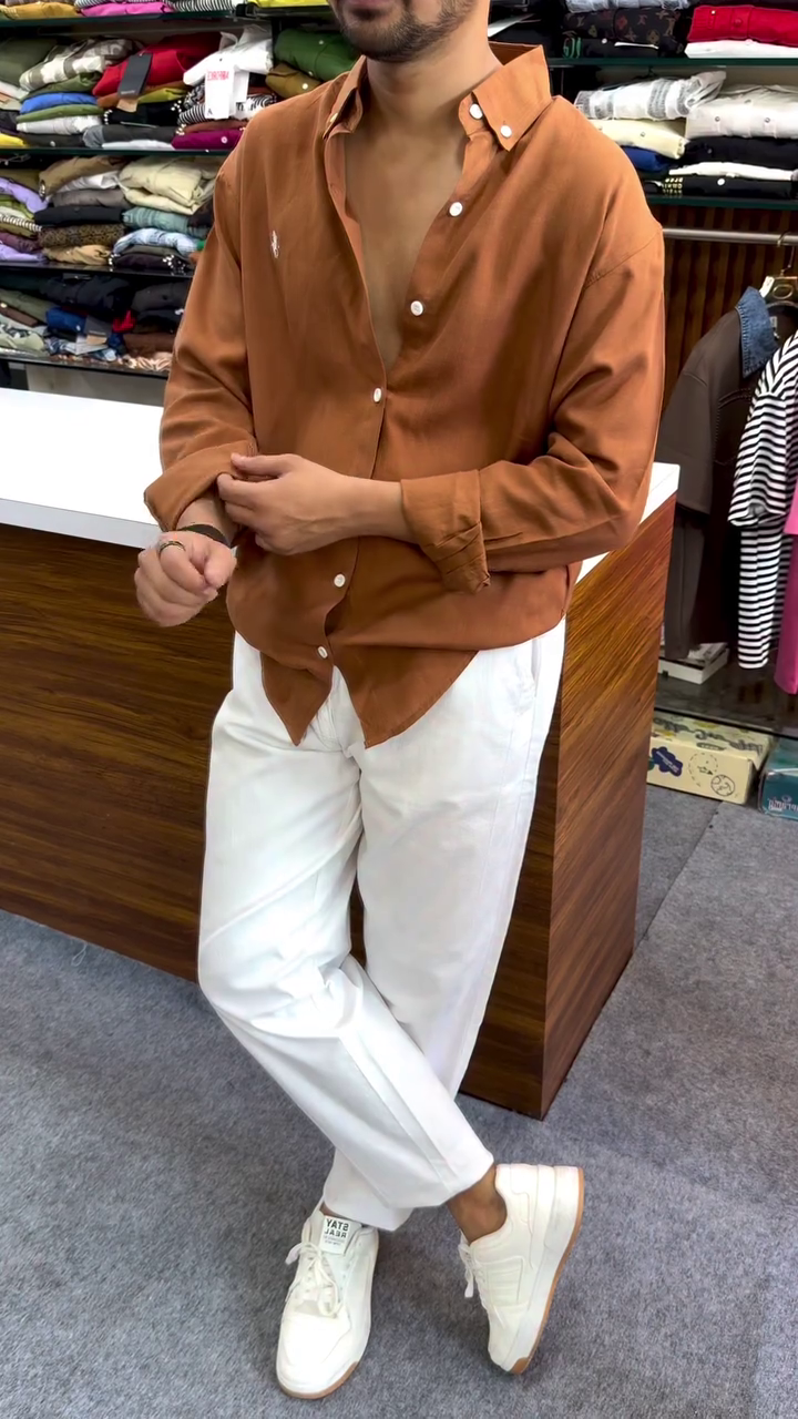 🤎 Effortless Rust Shirt with White Trousers – Smart Casual Elegance