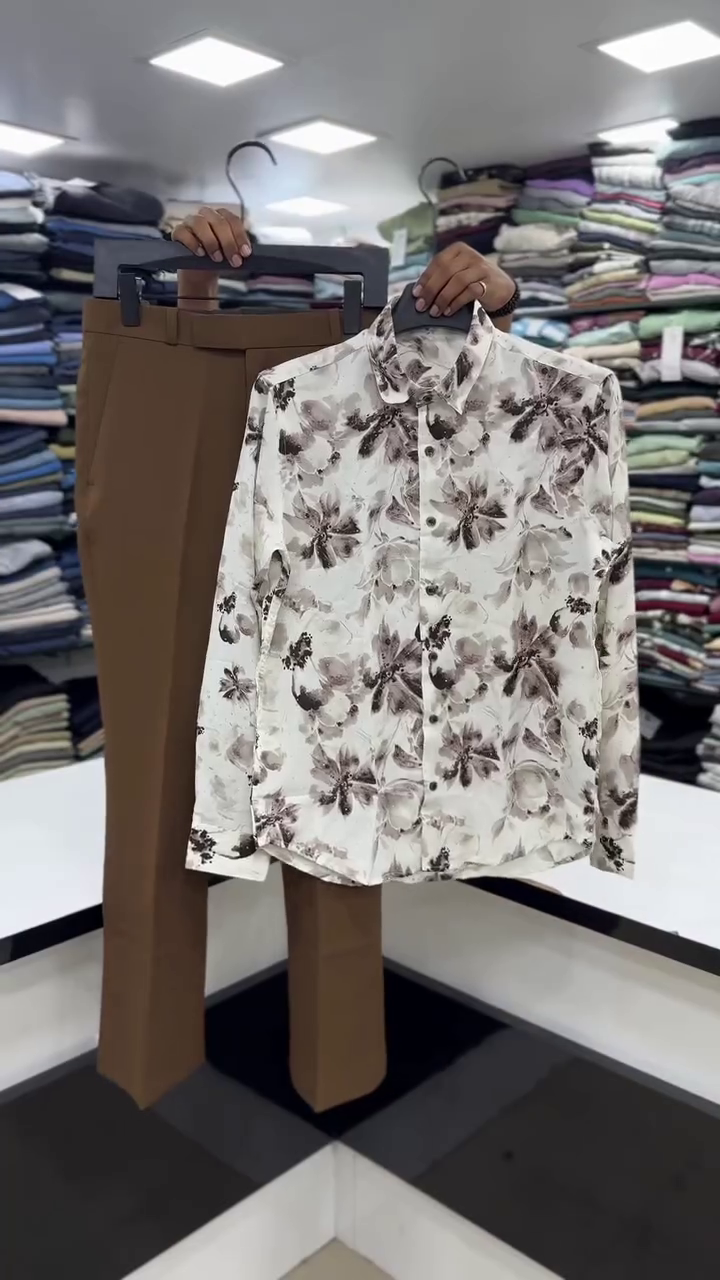 🤎 Elegant Printed Shirt & Trouser Set – Smart Casual Perfection