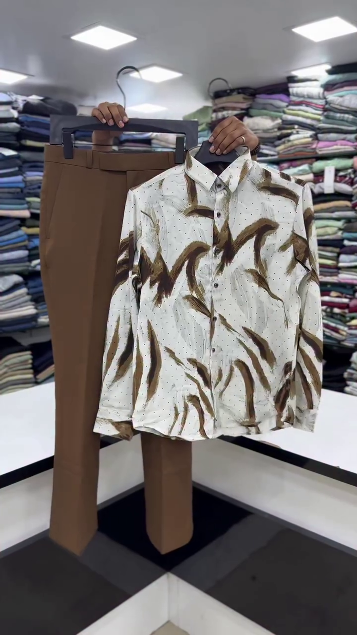 🤎 Elegant Printed Shirt & Trouser Set – Smart Casual Perfection
