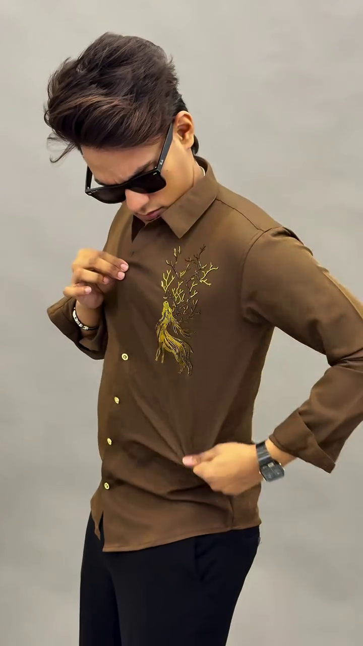 🤎 Brown Premium Embroidered Shirt – Bold Elegance Redefined