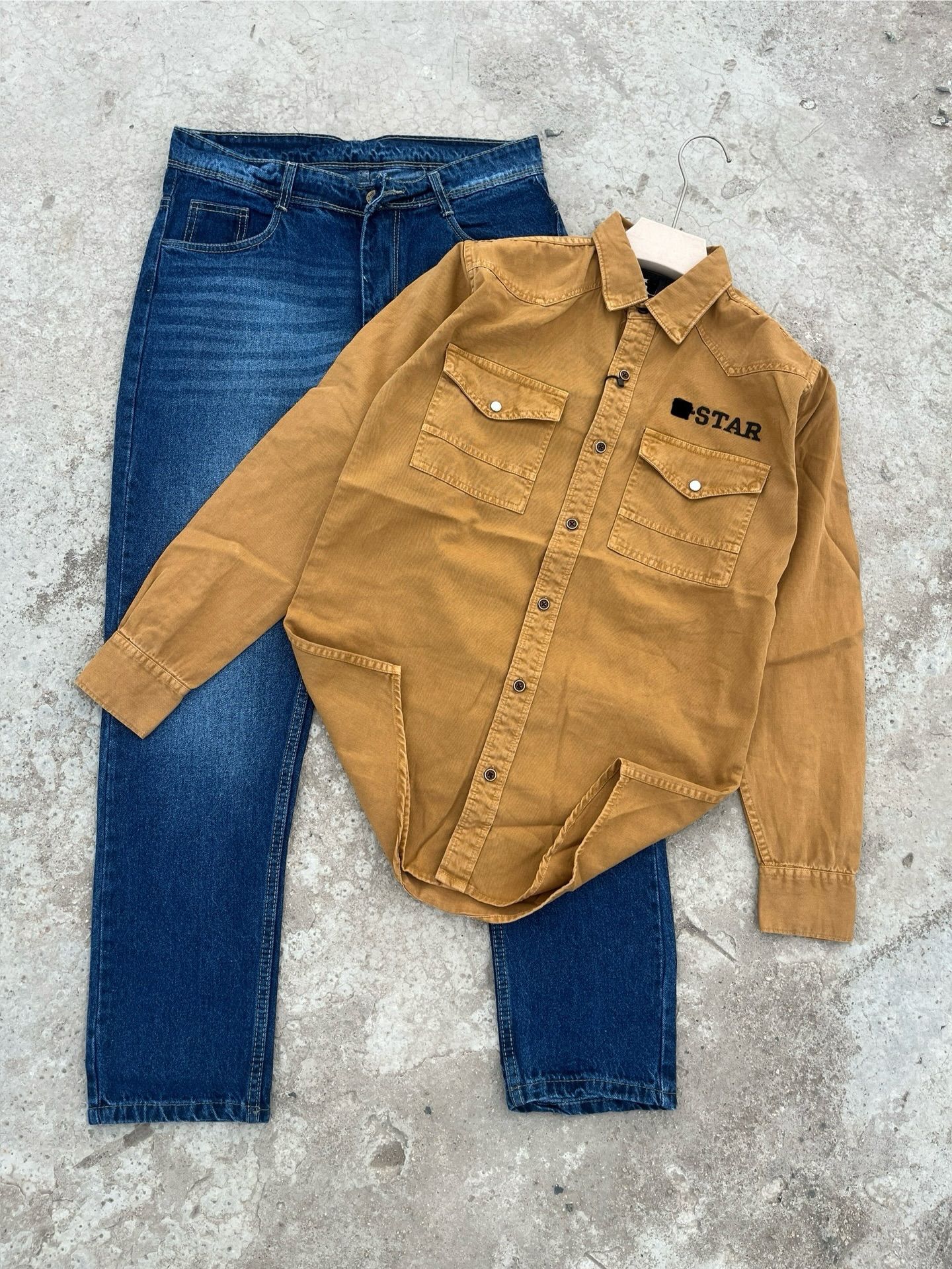 🪖 Urban Utility Style – Olive Shirt & White Denim Combo