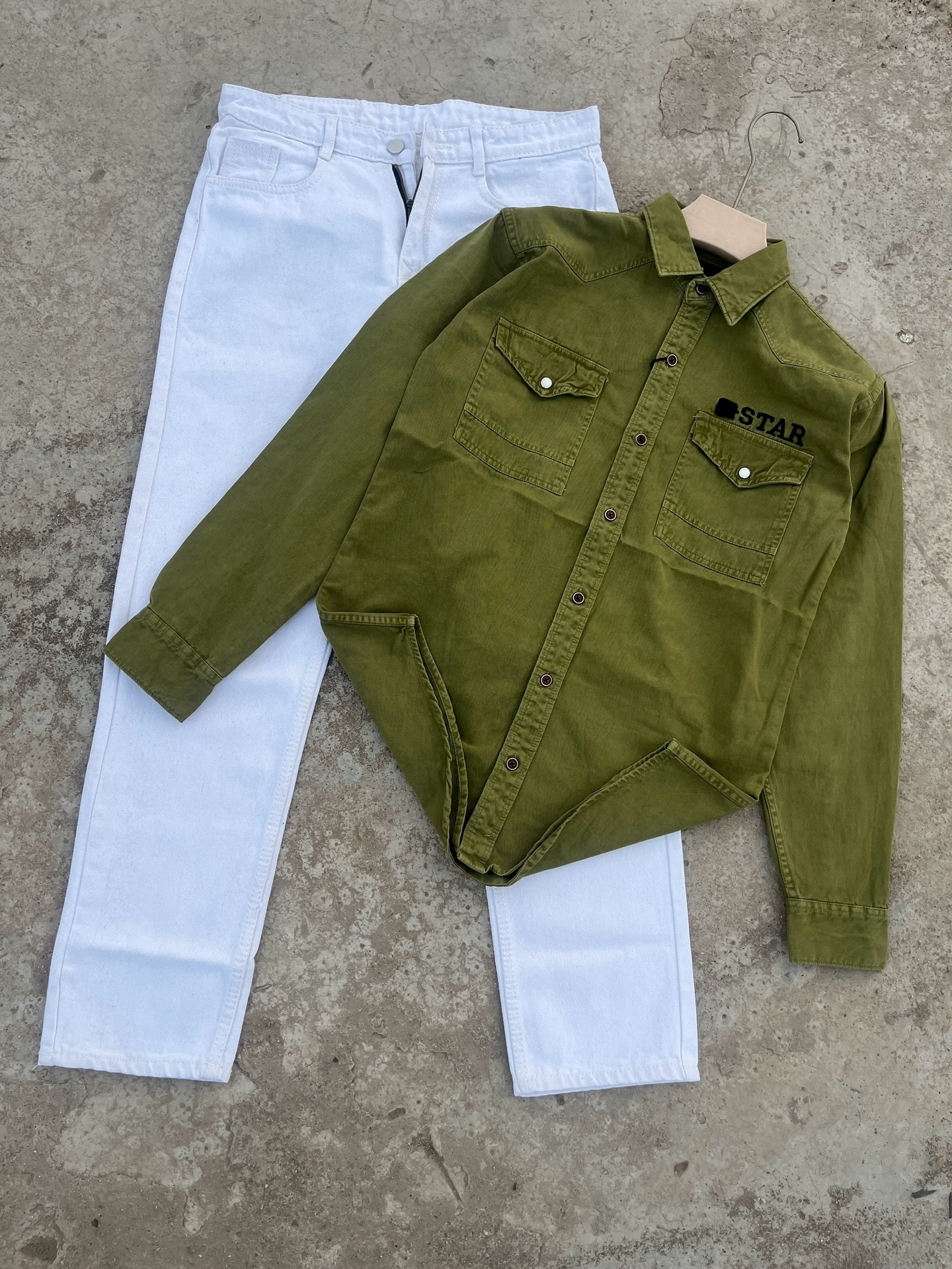 🪖 Urban Utility Style – Olive Shirt & White Denim Combo