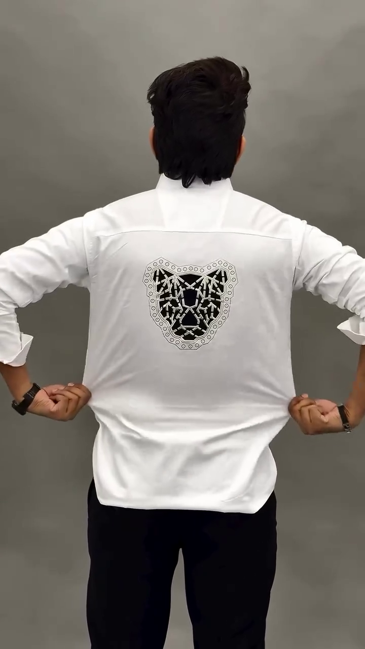Bold & Refined: White Cotton Casual Shirt by Hilo Design with Black Embroidered Leopard