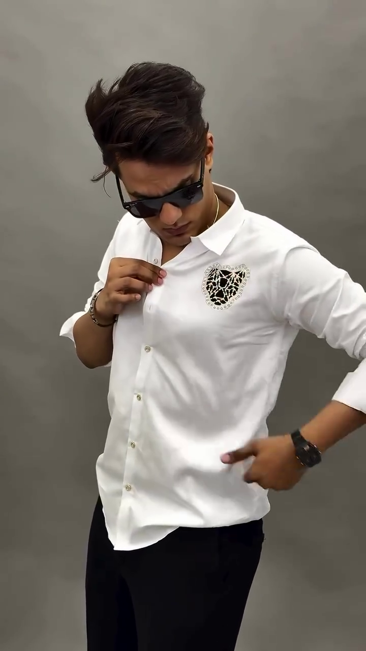 Bold & Refined: White Cotton Casual Shirt by Hilo Design with Black Embroidered Leopard