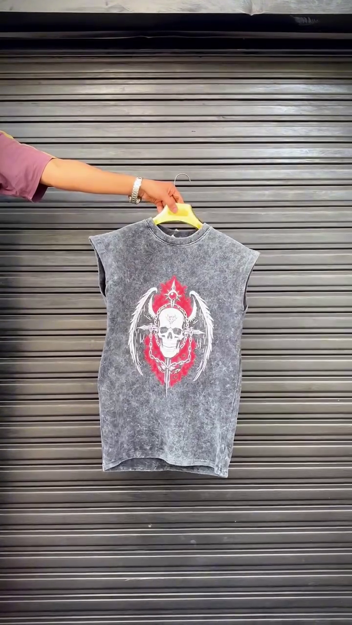 Edgy & Bold: Gray Acid-Wash Sleeveless T-Shirt with Golden Wings and Sword Graphic