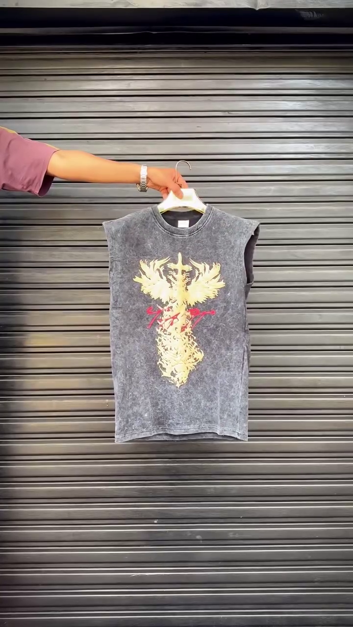 Edgy & Bold: Gray Acid-Wash Sleeveless T-Shirt with Golden Wings and Sword Graphic
