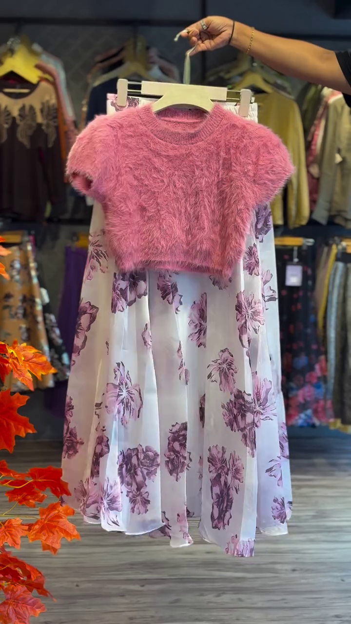 Chic & Playful: Pink Fuzzy Crop Top and White Floral Organza Skirt Two-Piece Set