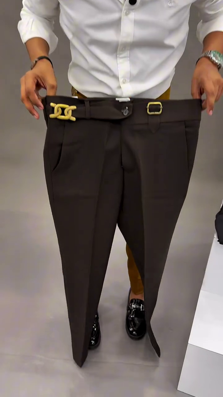 Bold Sophistication Redefined: Mustard Brown Slim-Fit Trousers with Statement Waist Detail