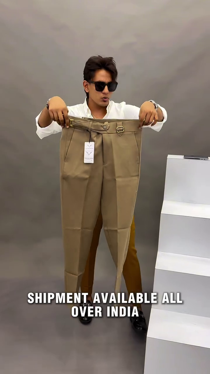 Bold Sophistication Redefined: Mustard Brown Slim-Fit Trousers with Statement Waist Detail