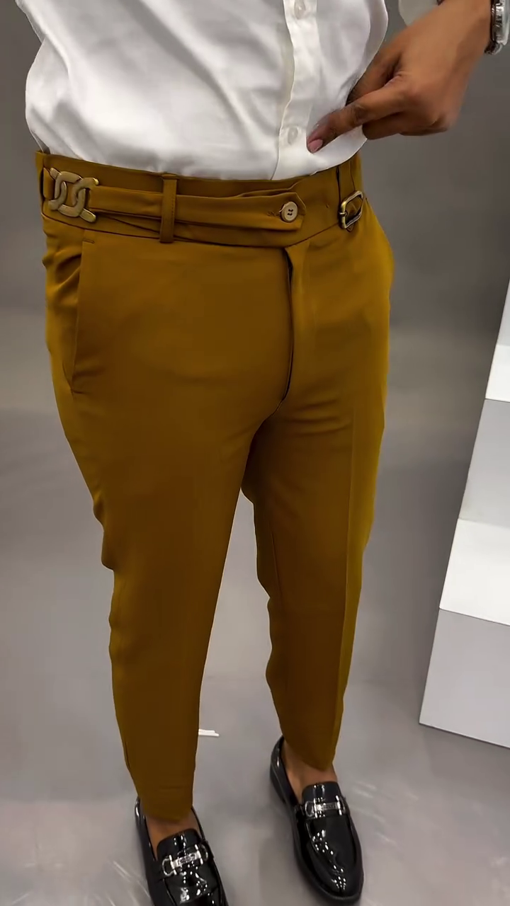 Bold Sophistication Redefined: Mustard Brown Slim-Fit Trousers with Statement Waist Detail