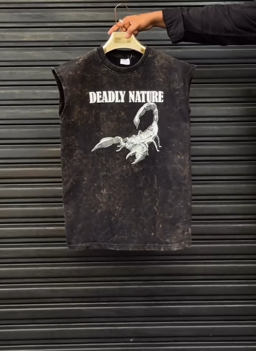 Edgy Streetwear Essential: Black Acid-Washed Cotton Jersey T-Shirt with Scorpion Graphic
