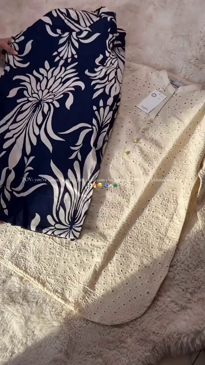 Effortless Elegance: Cream Chikankari Kurta with Blue & White Printed Pairing
