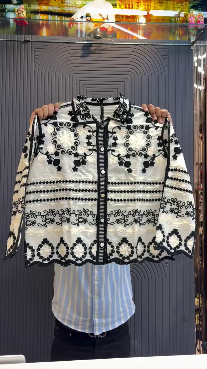 Timeless Grace: White Long-Sleeved Shirt with Maroon Embroidered Detailing
