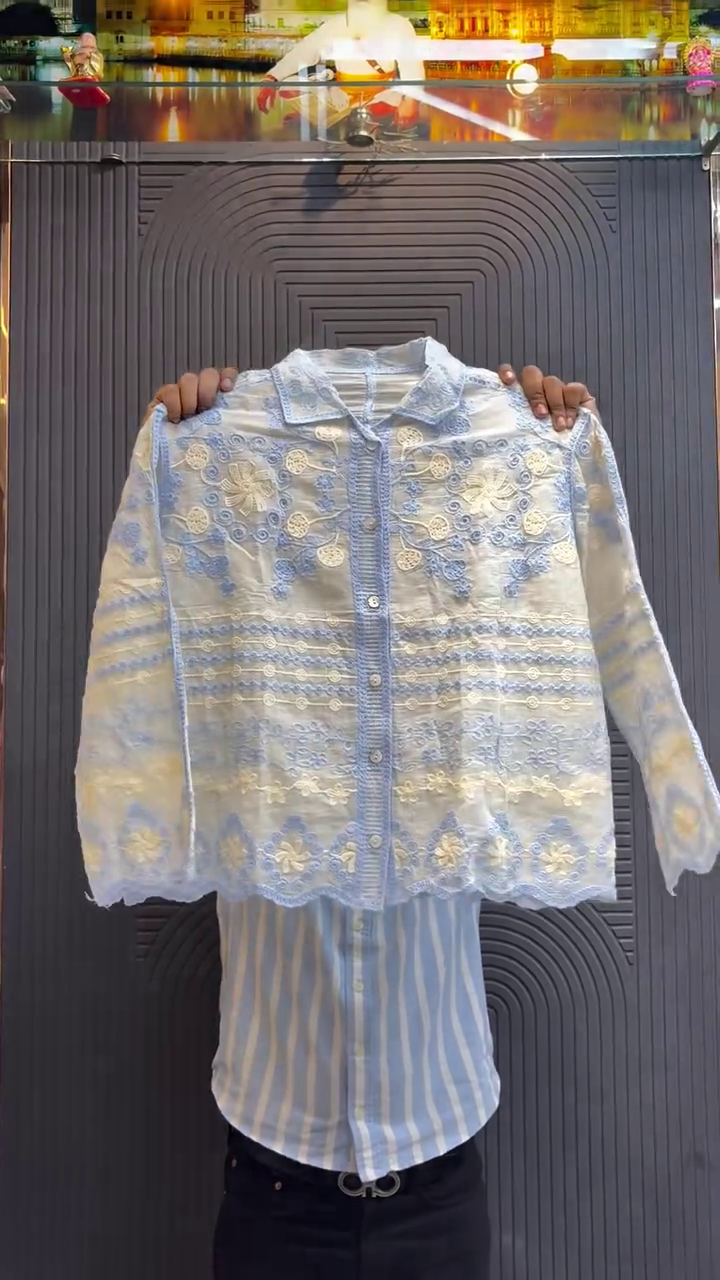 Timeless Grace: White Long-Sleeved Shirt with Maroon Embroidered Detailing