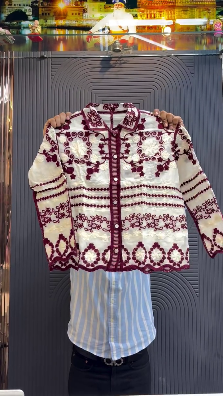 Timeless Grace: White Long-Sleeved Shirt with Maroon Embroidered Detailing