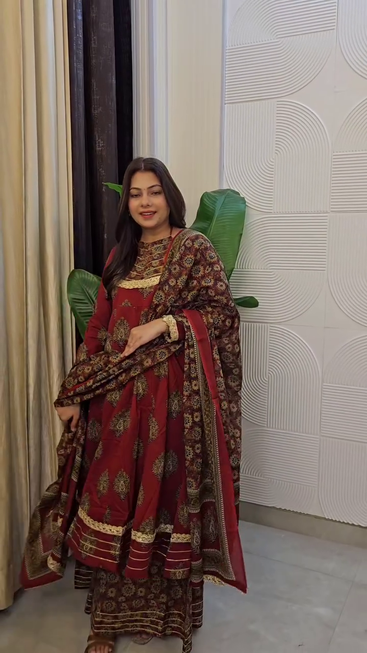 Royal Charm: Maroon Printed Cotton Anarkali Kurta Pant Set with Dupatta