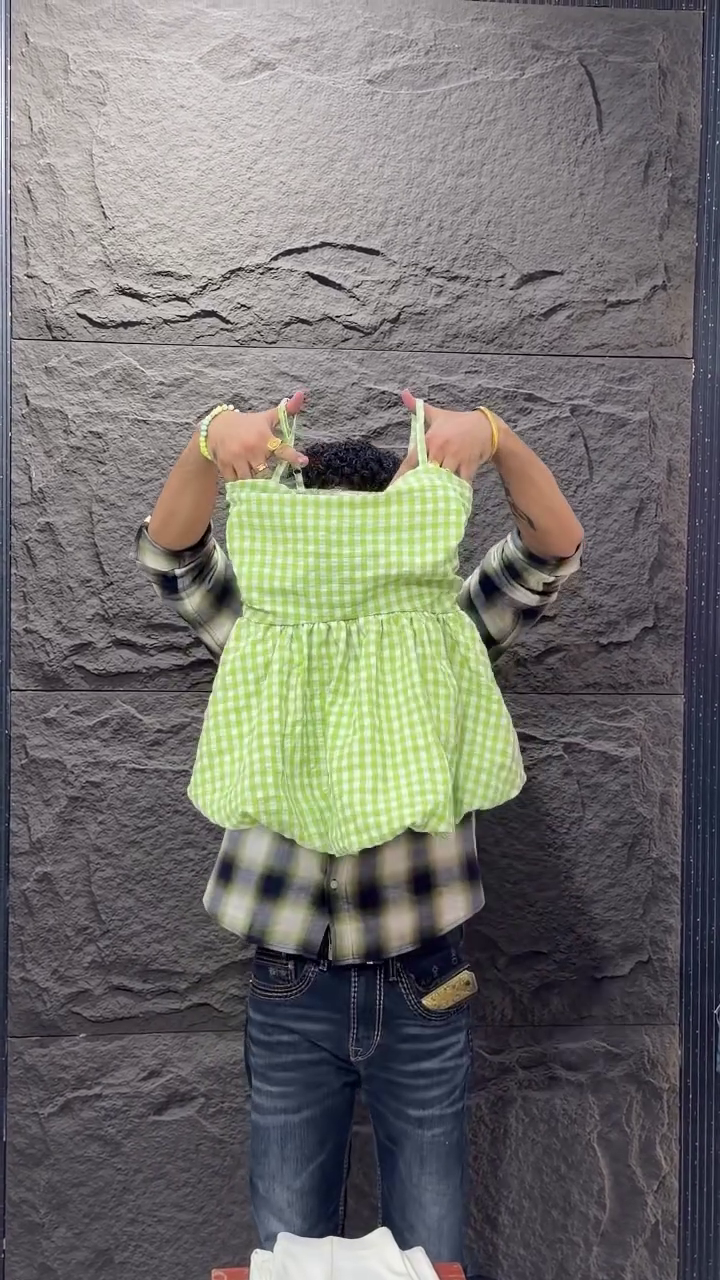 Fresh & Playful: Lime Green and White Gingham Top Paired with White Jeans