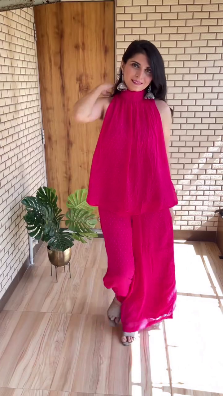 Bold Glam Energy: Hot Pink Chiffon Co-ord Set with Halter Neck Top & Wide-Leg Palazzo Pants