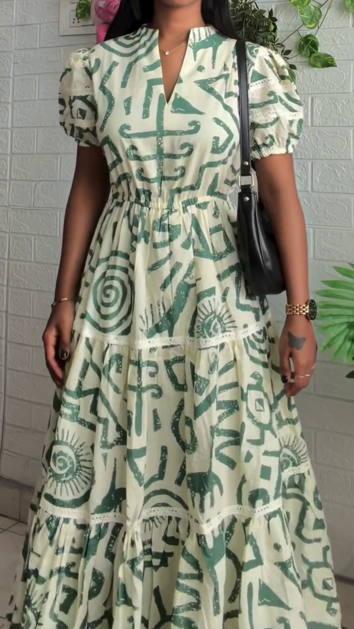 Artistic Elegance: Off-White & Green Abstract Print Fit & Flare Midi Dress