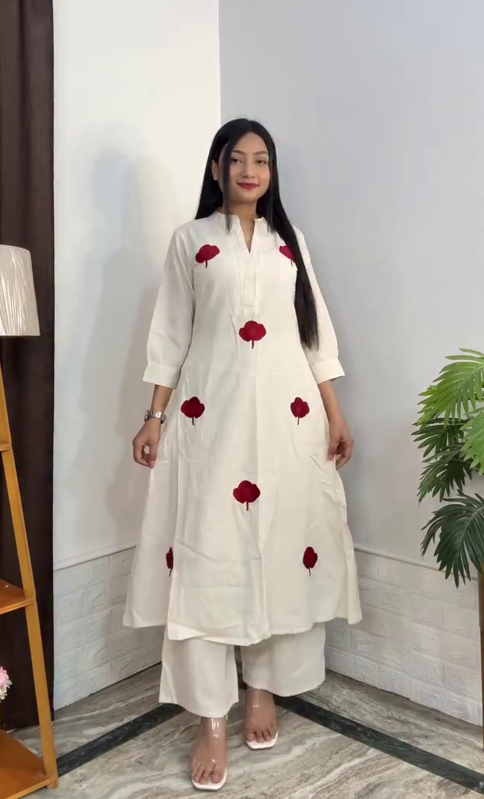 Grace Meets Simplicity with Our Elegant White Floral Embroidered Kurta Palazzo Set