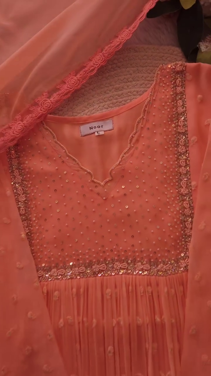 Elegant Peach Embellished Anarkali Suit Set with Dupatta for Festive Grace