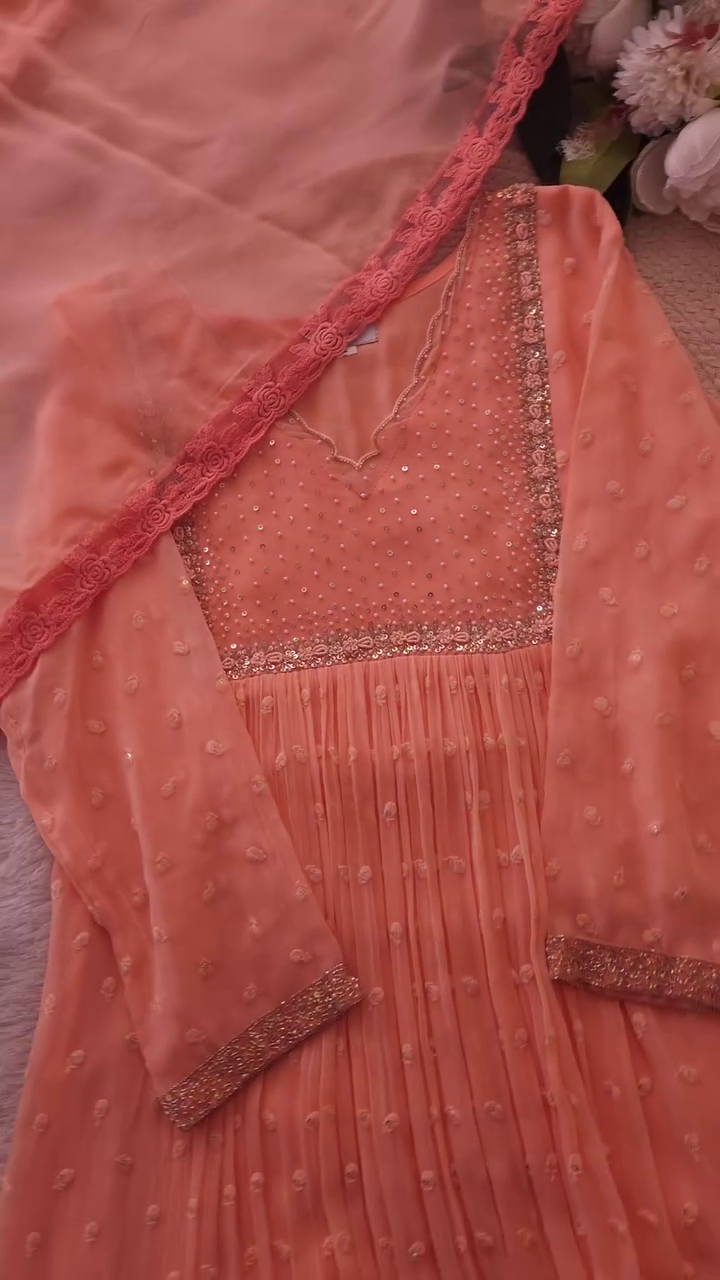 Elegant Peach Embellished Anarkali Suit Set with Dupatta for Festive Grace