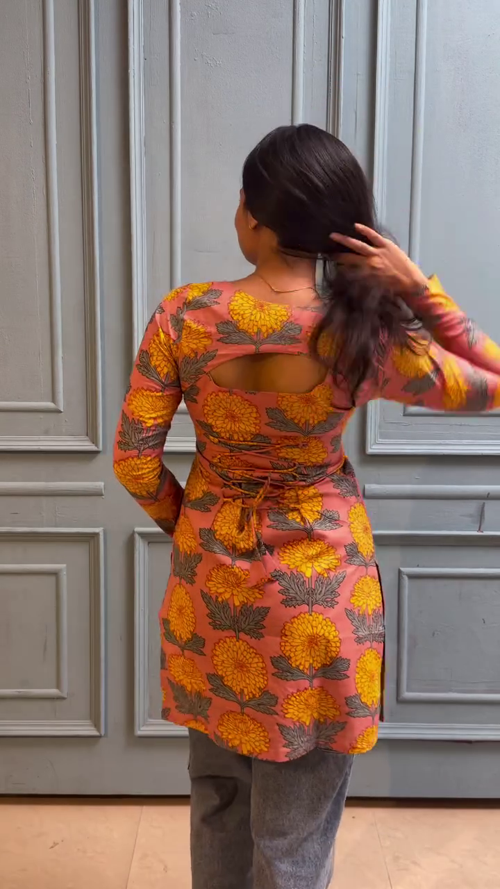 Elegant Floral Printed Peach Kurti – Stylish Everyday Ethnic Wear for Women