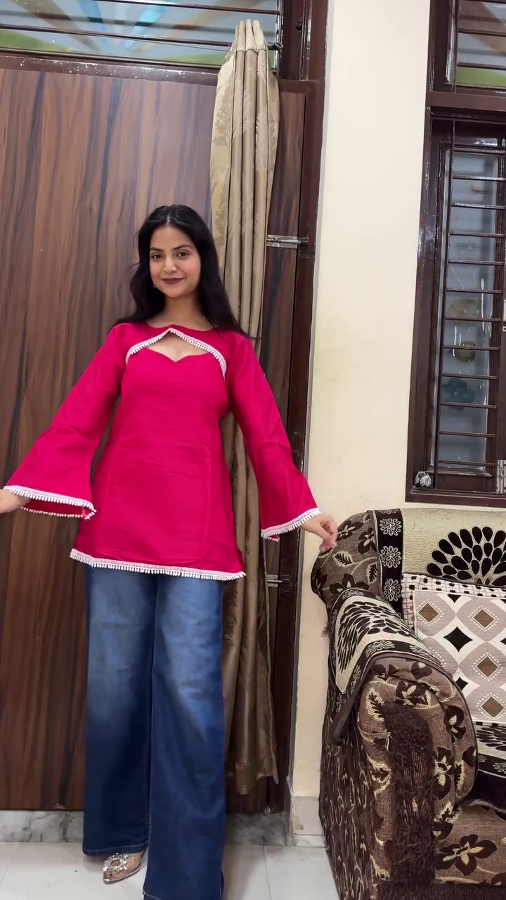 Trendy Hot Pink Bell Sleeve Top with Wide-Leg Denim – A Chic Fusion of Bold Style & Everyday Comfort