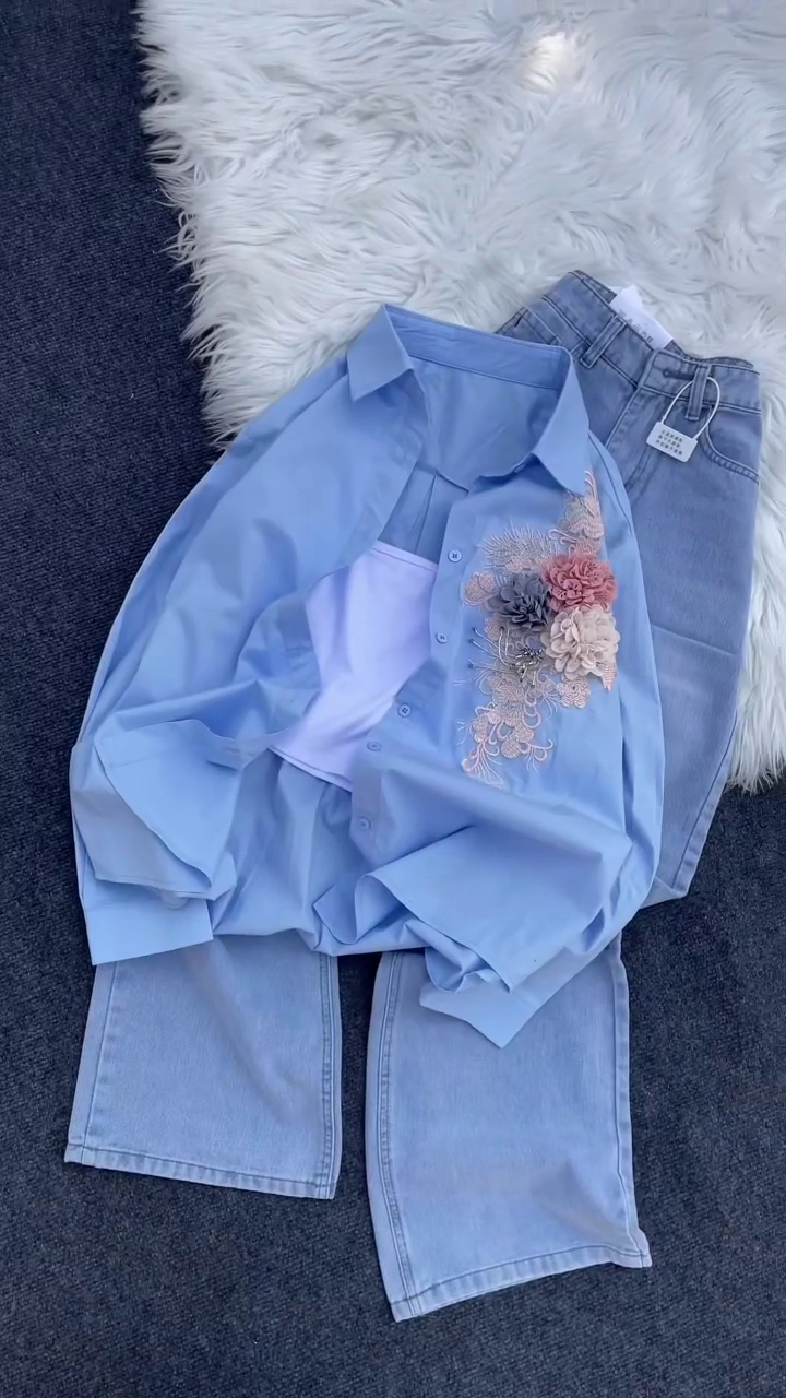 Elegant White Embroidered Shirt with Light Wash Denim – The Perfect Blend of Chic Casual Style