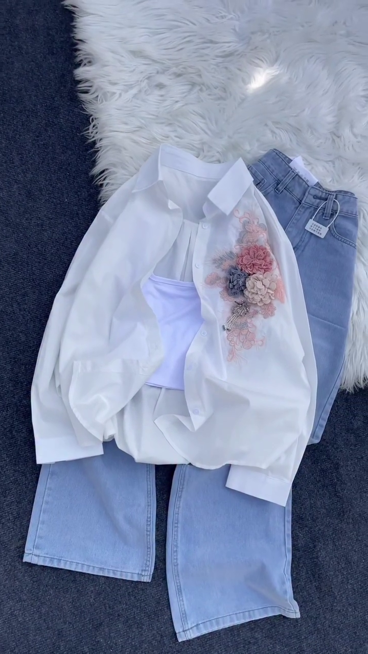 Elegant White Embroidered Shirt with Light Wash Denim – The Perfect Blend of Chic Casual Style