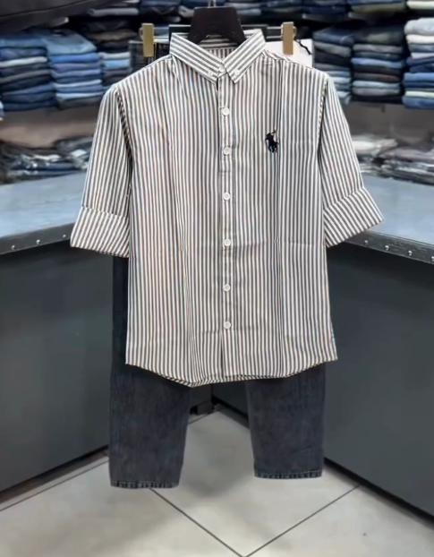 Kids Striped Cotton Shirt with Black Jeans – Smart Casual Outfit Set