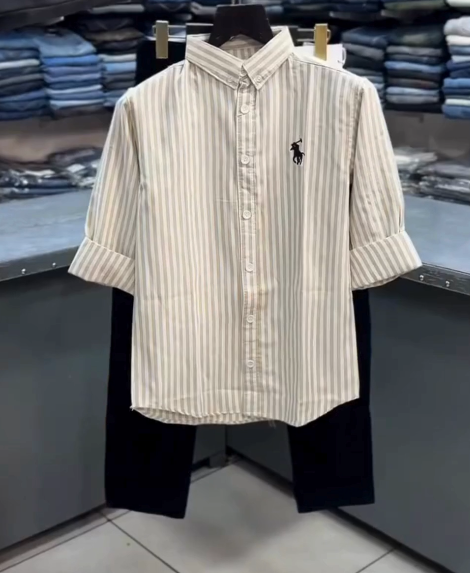 Kids Striped Cotton Shirt with Black Jeans – Smart Casual Outfit Set