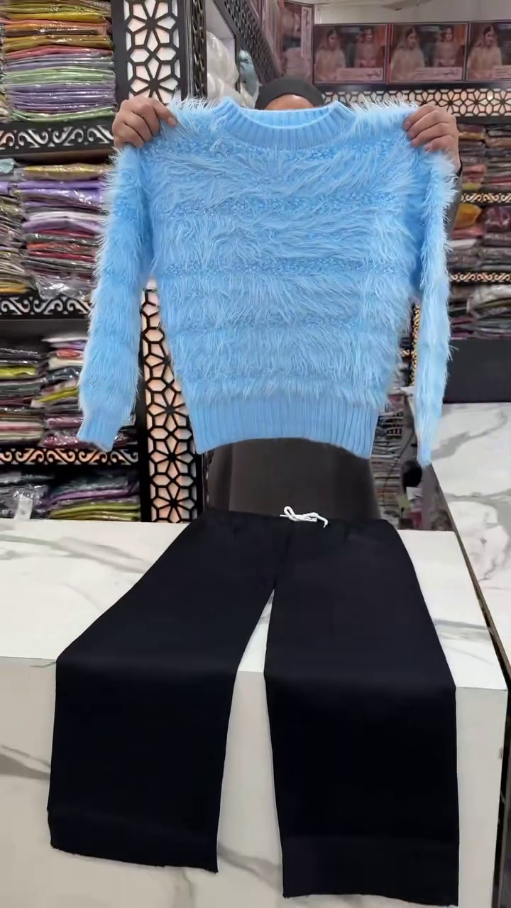 Light Blue Shaggy Fluffy Knit Sweater – Soft Cozy Textured Pullover for Effortless Everyday Style