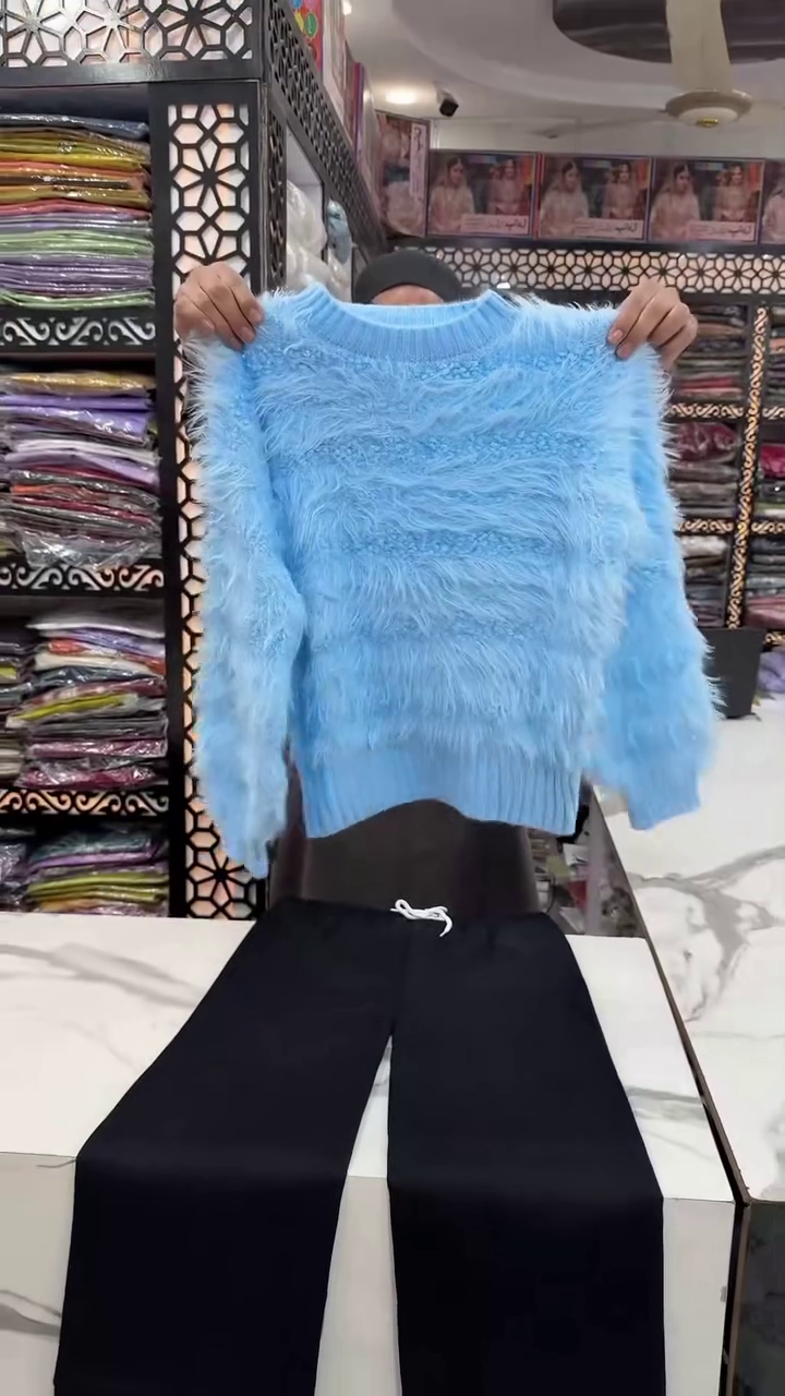 Light Blue Shaggy Fluffy Knit Sweater – Soft Cozy Textured Pullover for Effortless Everyday Style
